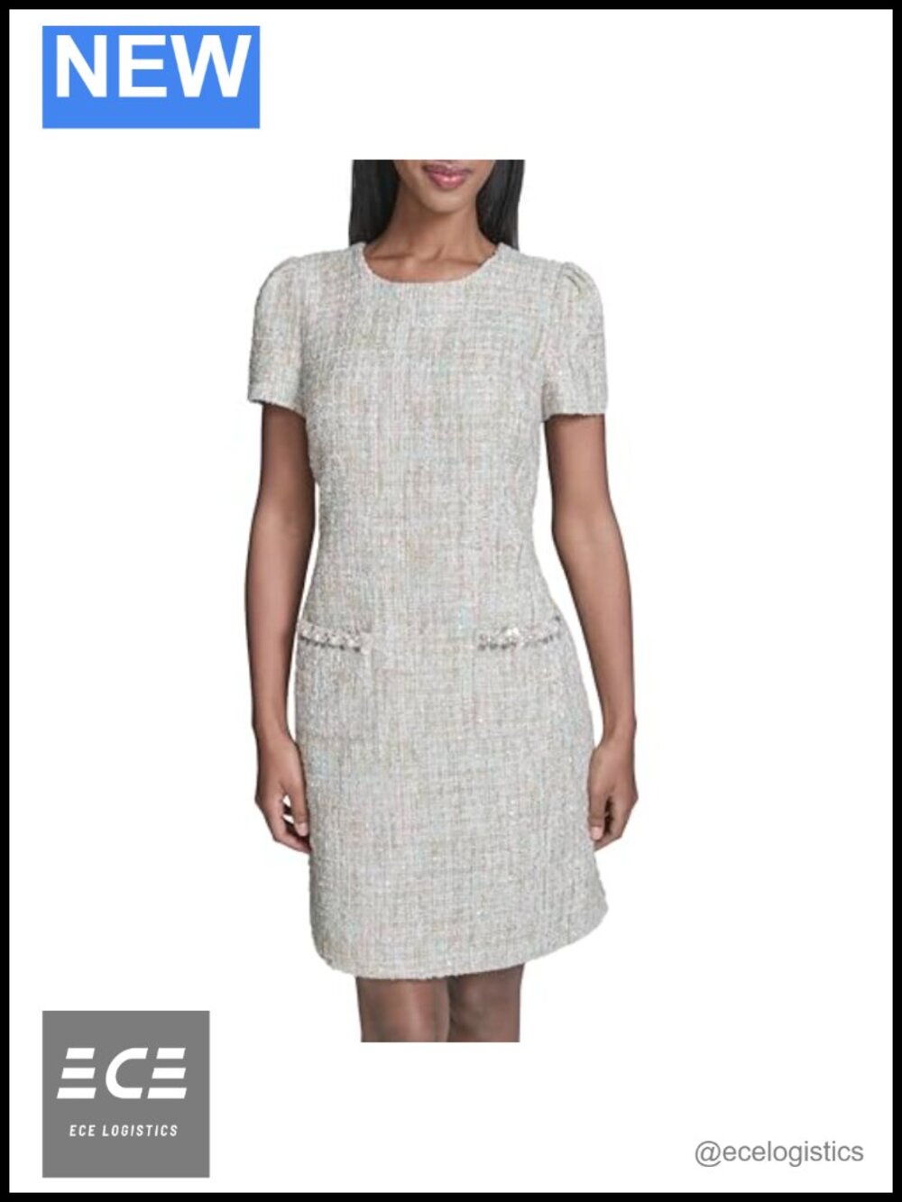 Sequin Textured Tweed A-Line Dress Short Sleeve Crew Neck Work